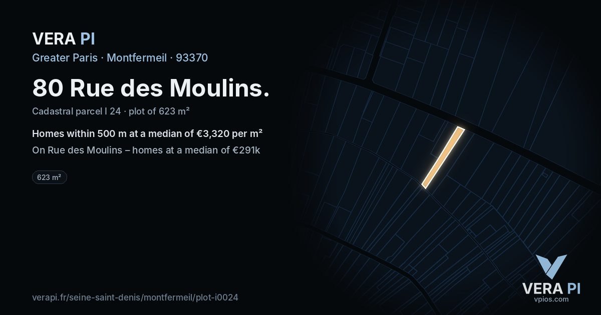 80 Rue des Moulins, Montfermeil at night – the plot lit, the parcels around coloured by the prices near them