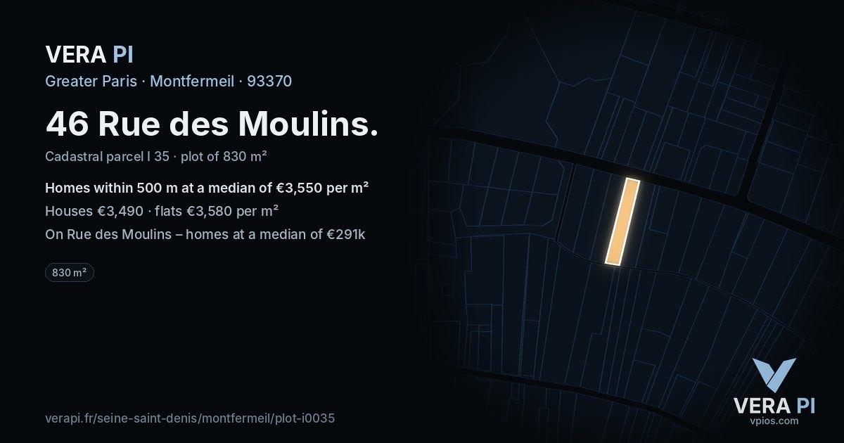 46 Rue des Moulins, Montfermeil at night – the plot lit, the parcels around coloured by the prices near them