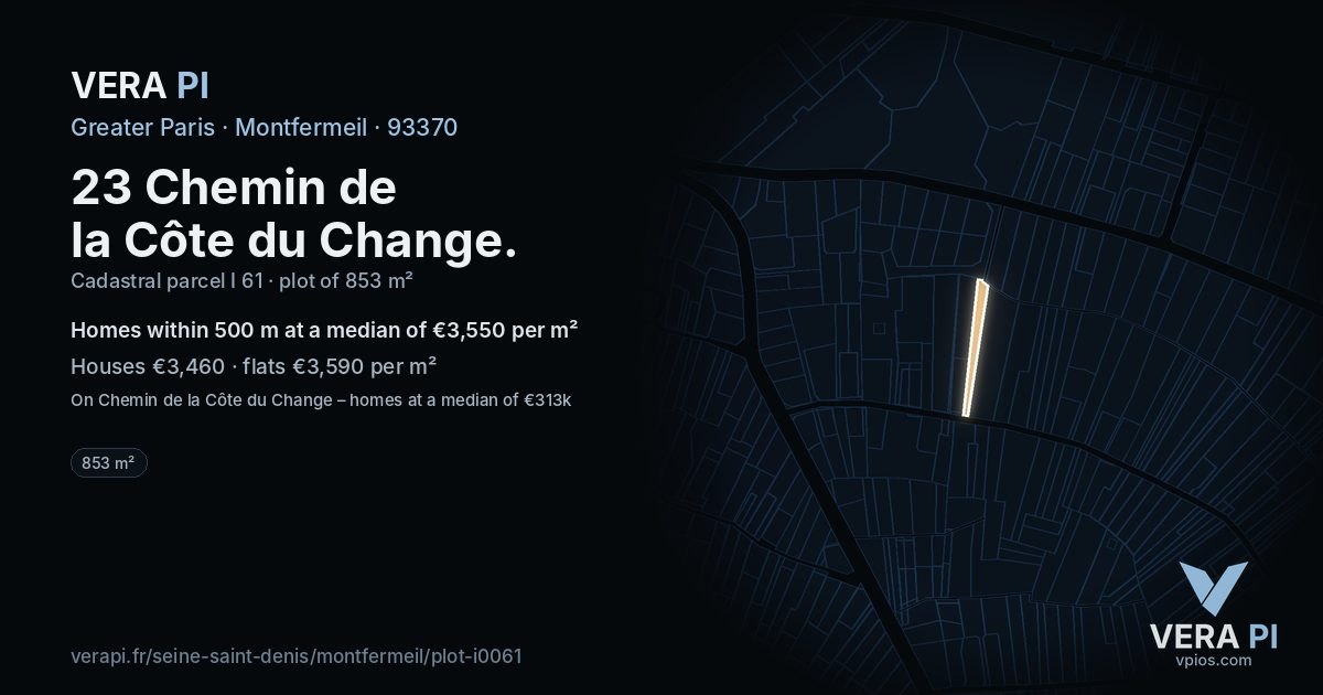 23 Chemin de la Côte du Change, Montfermeil at night – the plot lit, the parcels around coloured by the prices near them