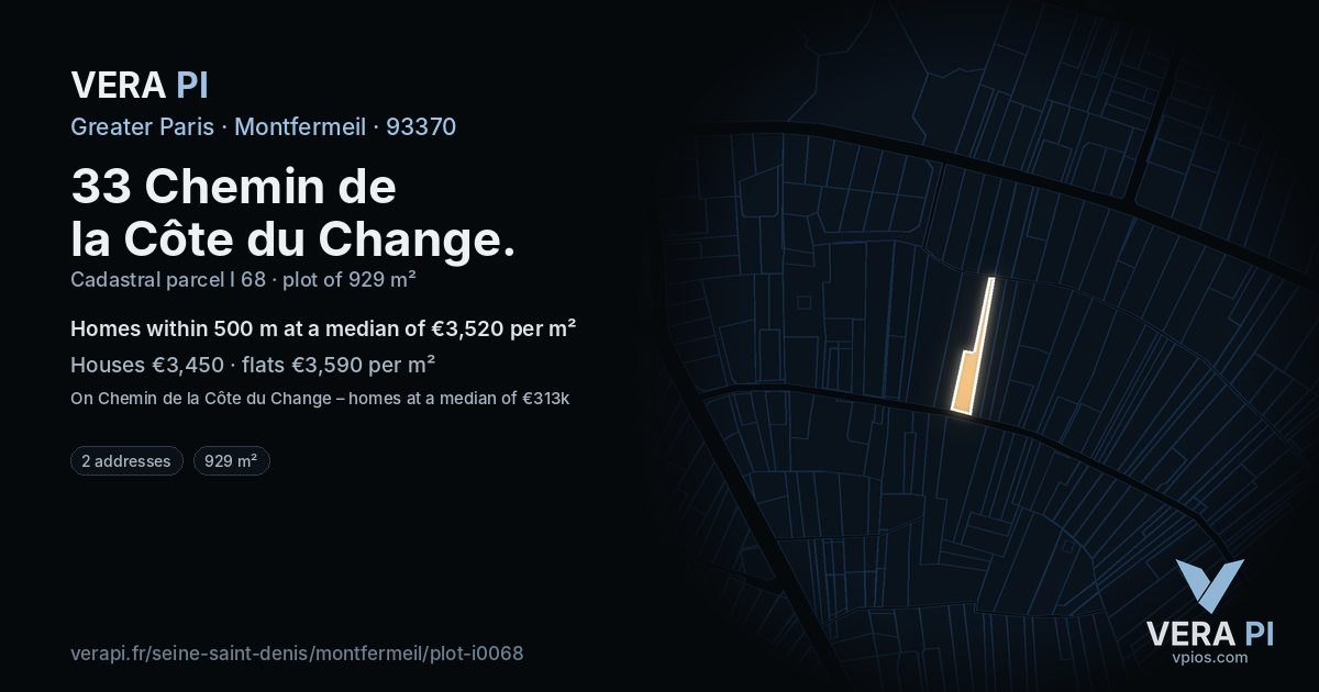 33 Chemin de la Côte du Change, Montfermeil at night – the plot lit, the parcels around coloured by the prices near them