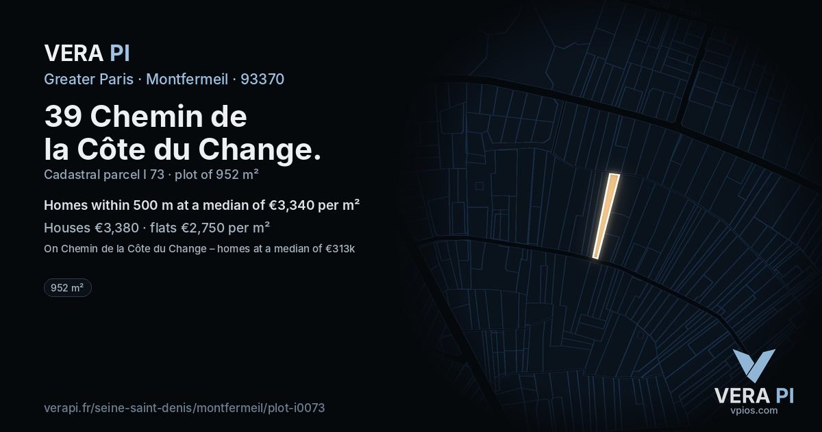 39 Chemin de la Côte du Change, Montfermeil at night – the plot lit, the parcels around coloured by the prices near them