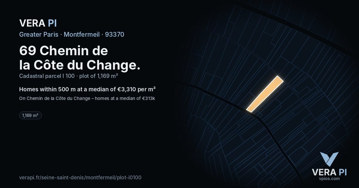 69 Chemin de la Côte du Change, Montfermeil at night – the plot lit, the parcels around coloured by the prices near them