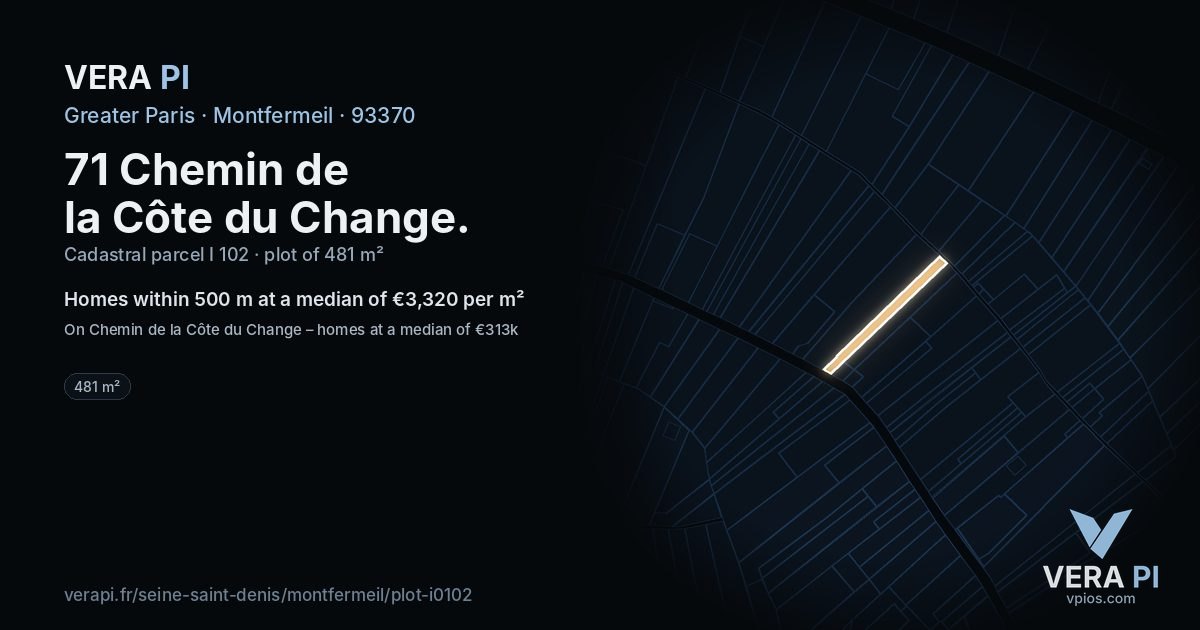 71 Chemin de la Côte du Change, Montfermeil at night – the plot lit, the parcels around coloured by the prices near them