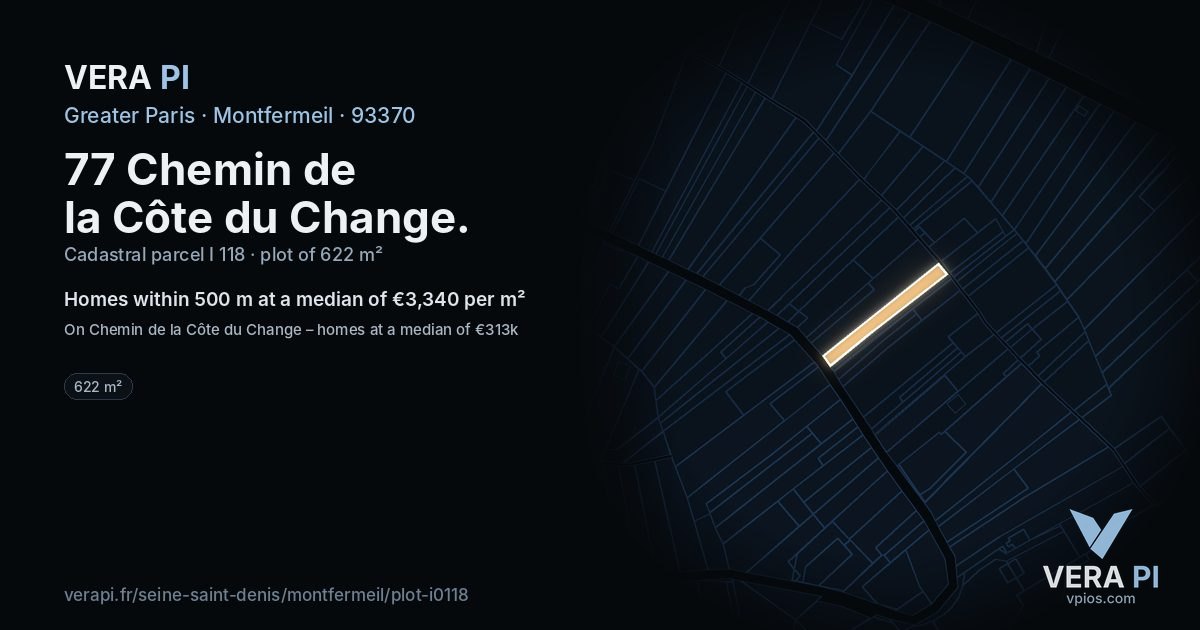 77 Chemin de la Côte du Change, Montfermeil at night – the plot lit, the parcels around coloured by the prices near them