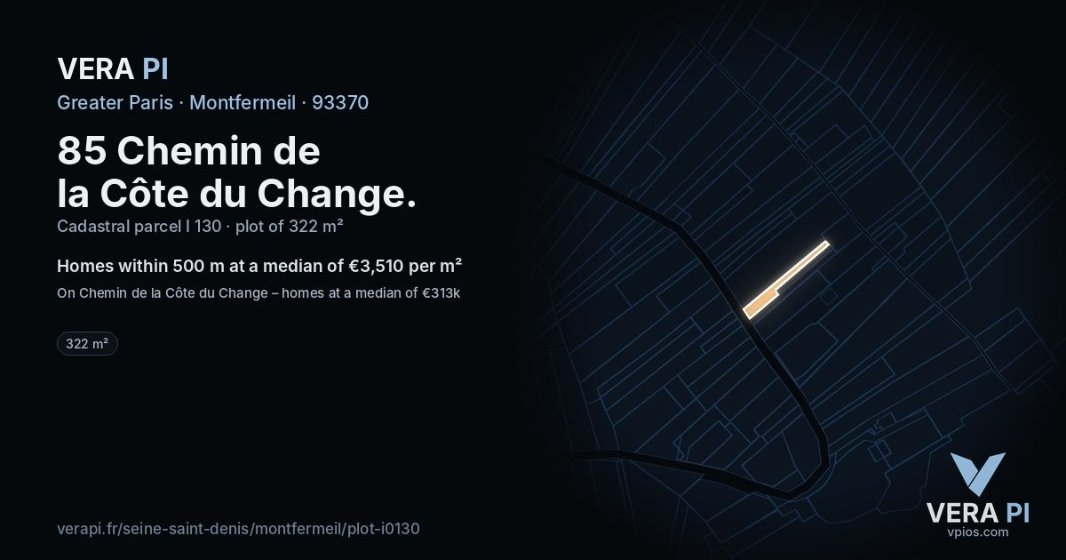 85 Chemin de la Côte du Change, Montfermeil at night – the plot lit, the parcels around coloured by the prices near them
