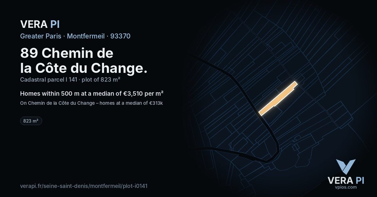 89 Chemin de la Côte du Change, Montfermeil at night – the plot lit, the parcels around coloured by the prices near them