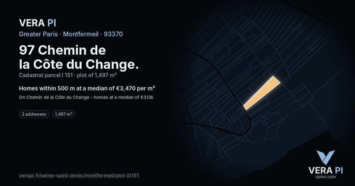 97 Chemin de la Côte du Change, Montfermeil at night – the plot lit, the parcels around coloured by the prices near them