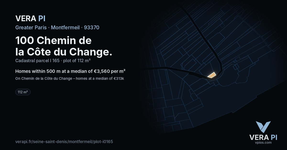 100 Chemin de la Côte du Change, Montfermeil at night – the plot lit, the parcels around coloured by the prices near them