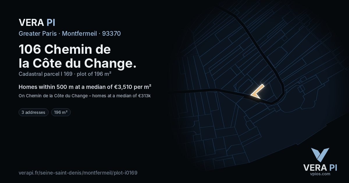 106 Chemin de la Côte du Change, Montfermeil at night – the plot lit, the parcels around coloured by the prices near them