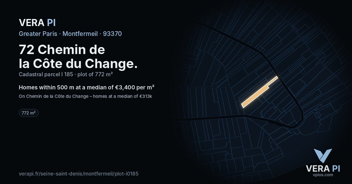 72 Chemin de la Côte du Change, Montfermeil at night – the plot lit, the parcels around coloured by the prices near them