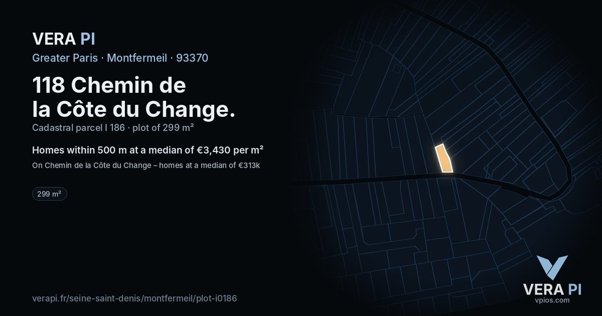 118 Chemin de la Côte du Change, Montfermeil at night – the plot lit, the parcels around coloured by the prices near them