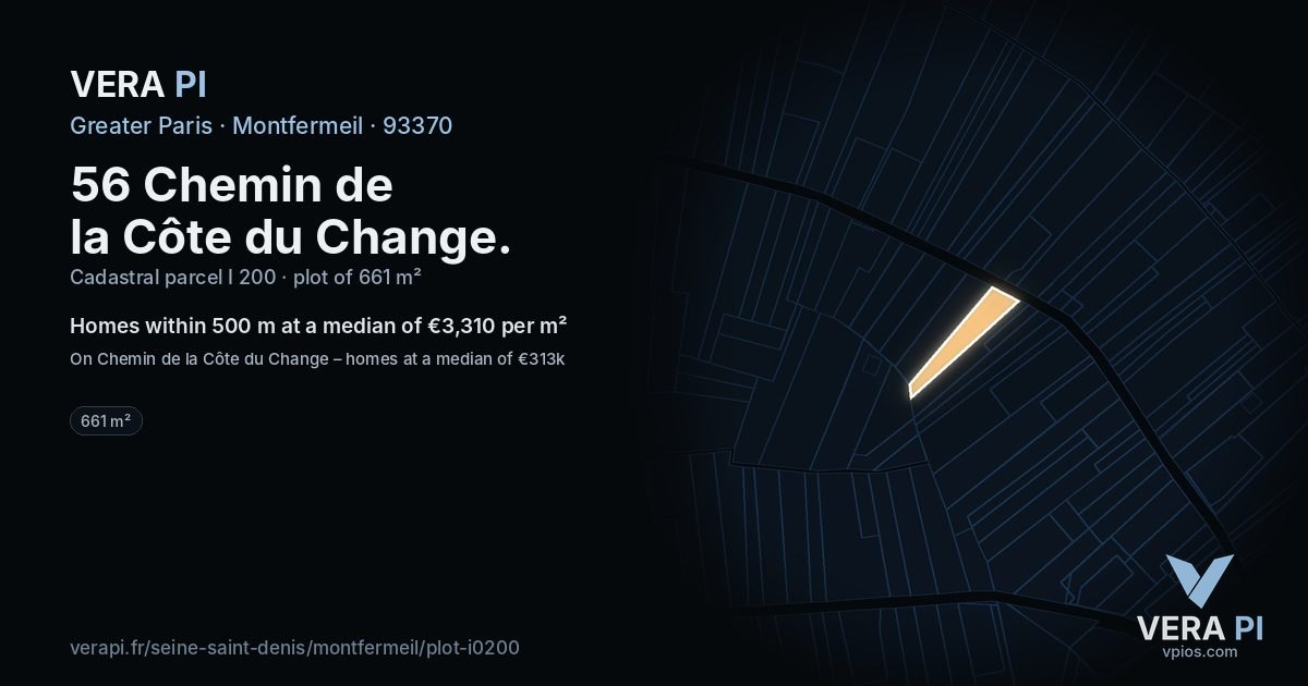 56 Chemin de la Côte du Change, Montfermeil at night – the plot lit, the parcels around coloured by the prices near them