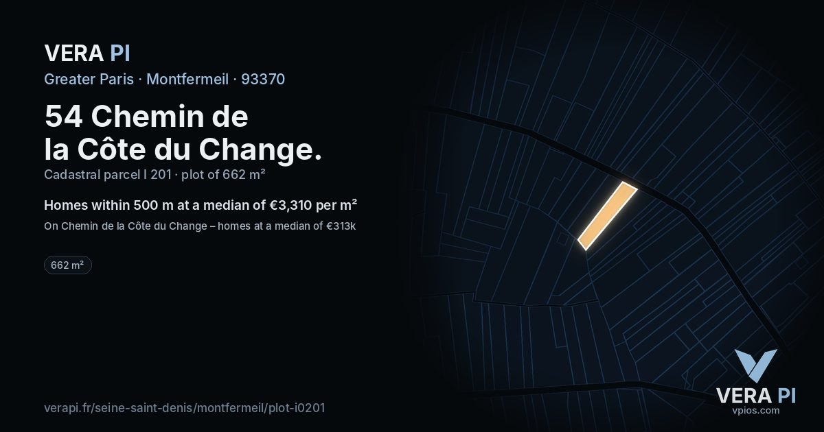 54 Chemin de la Côte du Change, Montfermeil at night – the plot lit, the parcels around coloured by the prices near them