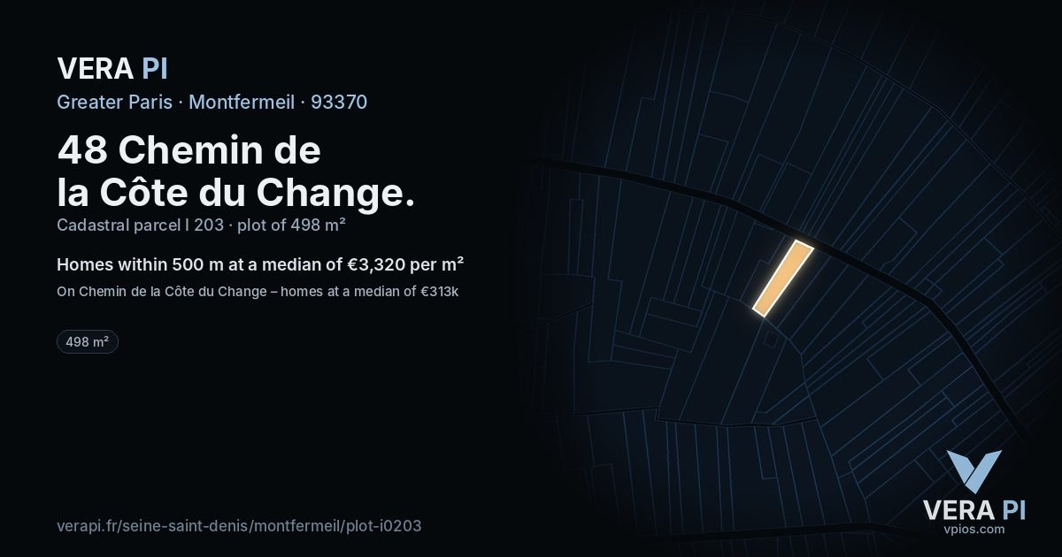 48 Chemin de la Côte du Change, Montfermeil at night – the plot lit, the parcels around coloured by the prices near them