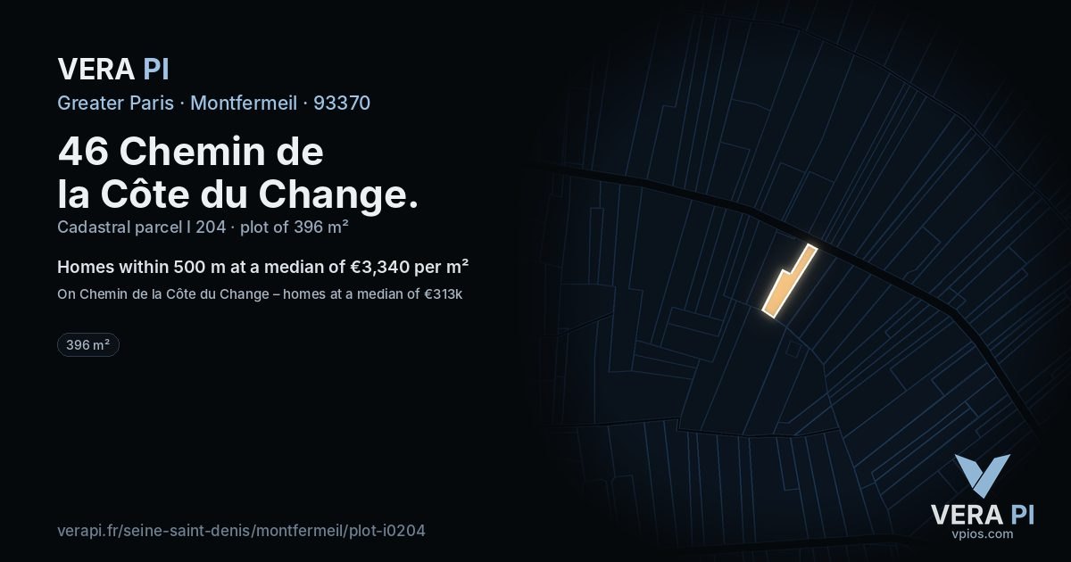46 Chemin de la Côte du Change, Montfermeil at night – the plot lit, the parcels around coloured by the prices near them