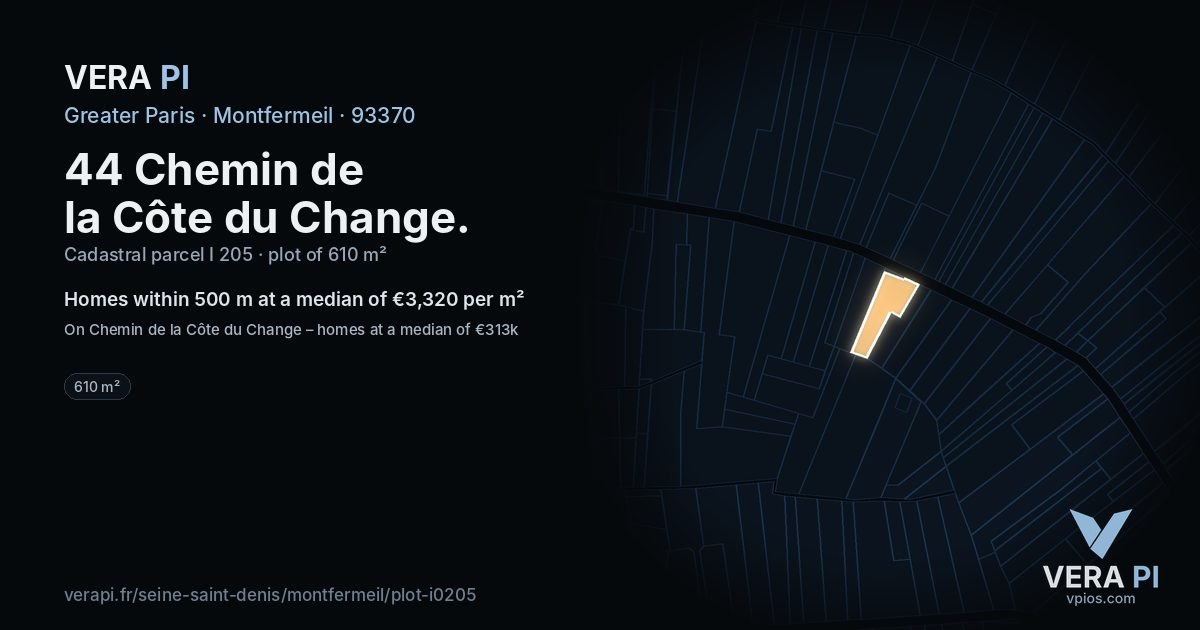 44 Chemin de la Côte du Change, Montfermeil at night – the plot lit, the parcels around coloured by the prices near them