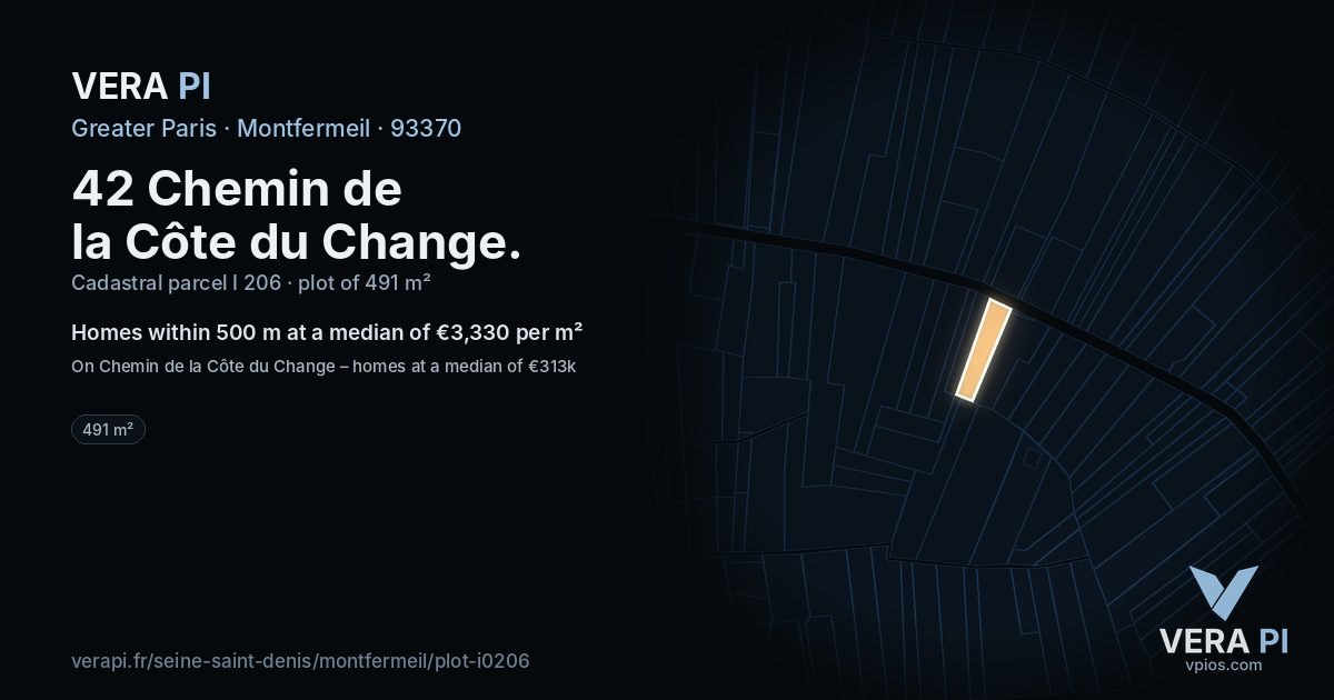 42 Chemin de la Côte du Change, Montfermeil at night – the plot lit, the parcels around coloured by the prices near them