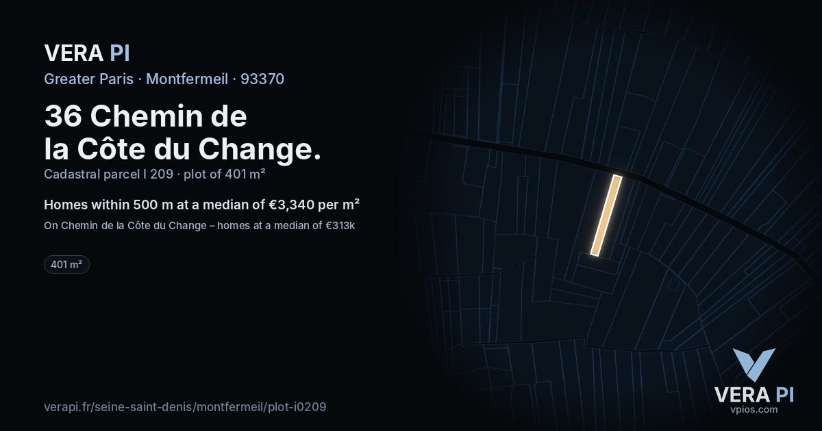 36 Chemin de la Côte du Change, Montfermeil at night – the plot lit, the parcels around coloured by the prices near them
