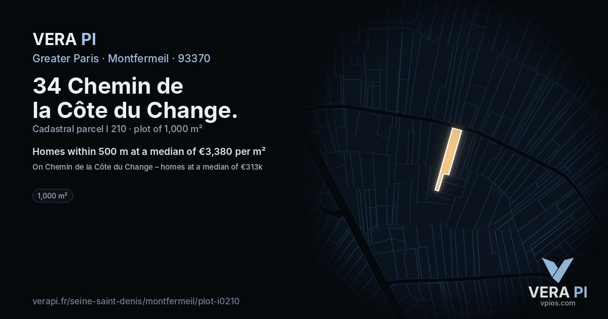 34 Chemin de la Côte du Change, Montfermeil at night – the plot lit, the parcels around coloured by the prices near them