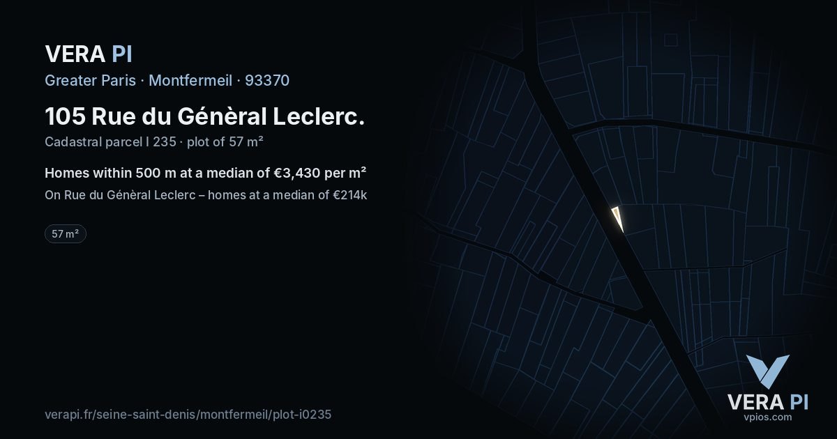 105 Rue du Génèral Leclerc, Montfermeil at night – the plot lit, the parcels around coloured by the prices near them