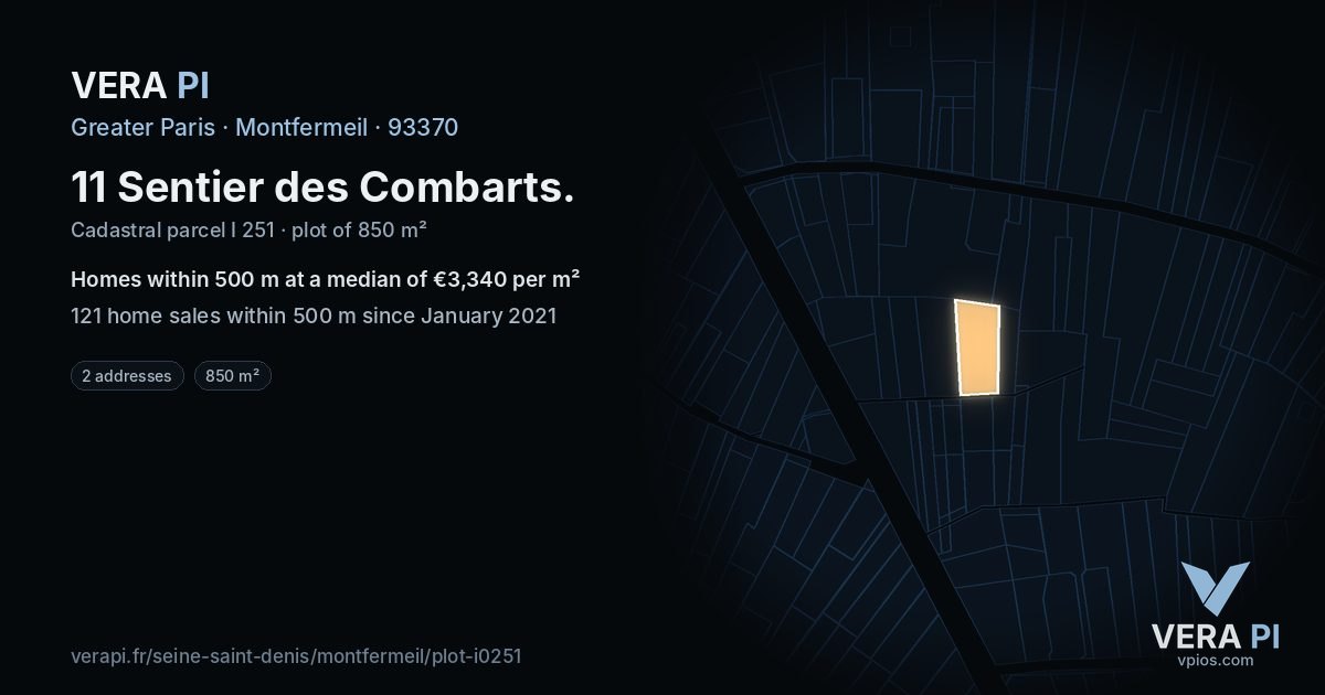 11 Sentier des Combarts, Montfermeil at night – the plot lit, the parcels around coloured by the prices near them