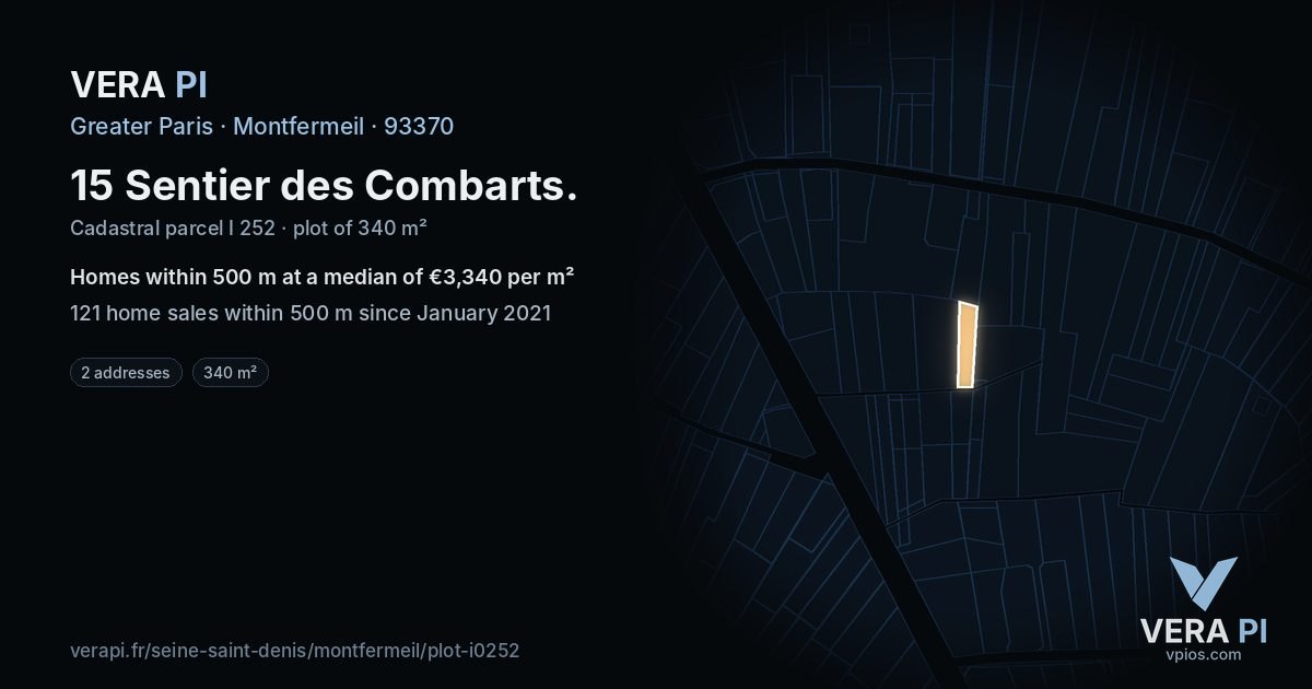 15 Sentier des Combarts, Montfermeil at night – the plot lit, the parcels around coloured by the prices near them