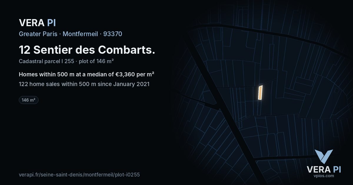 12 Sentier des Combarts, Montfermeil at night – the plot lit, the parcels around coloured by the prices near them