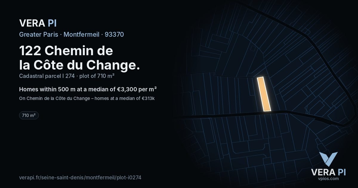 122 Chemin de la Côte du Change, Montfermeil at night – the plot lit, the parcels around coloured by the prices near them