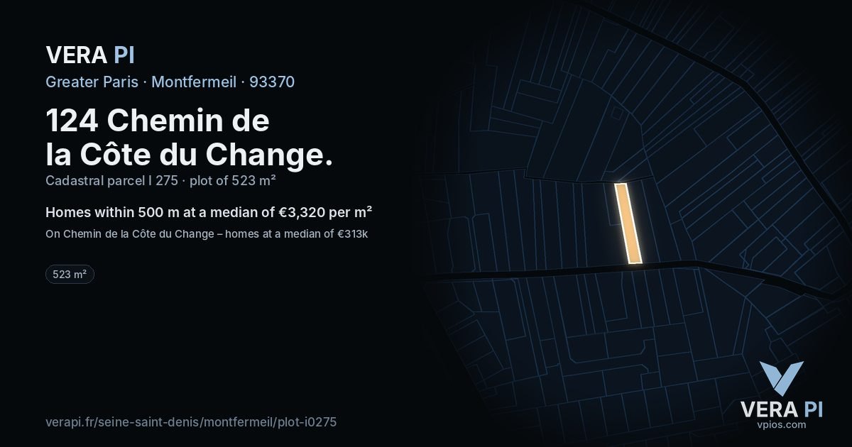 124 Chemin de la Côte du Change, Montfermeil at night – the plot lit, the parcels around coloured by the prices near them
