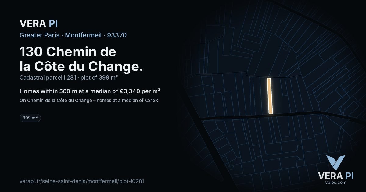 130 Chemin de la Côte du Change, Montfermeil at night – the plot lit, the parcels around coloured by the prices near them