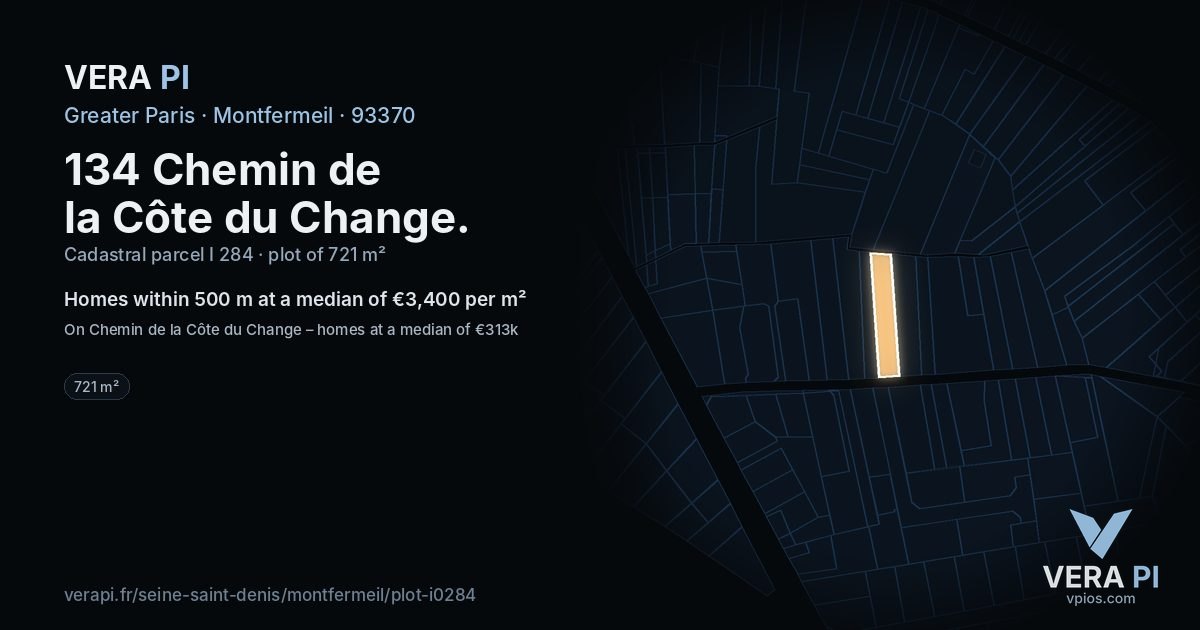 134 Chemin de la Côte du Change, Montfermeil at night – the plot lit, the parcels around coloured by the prices near them