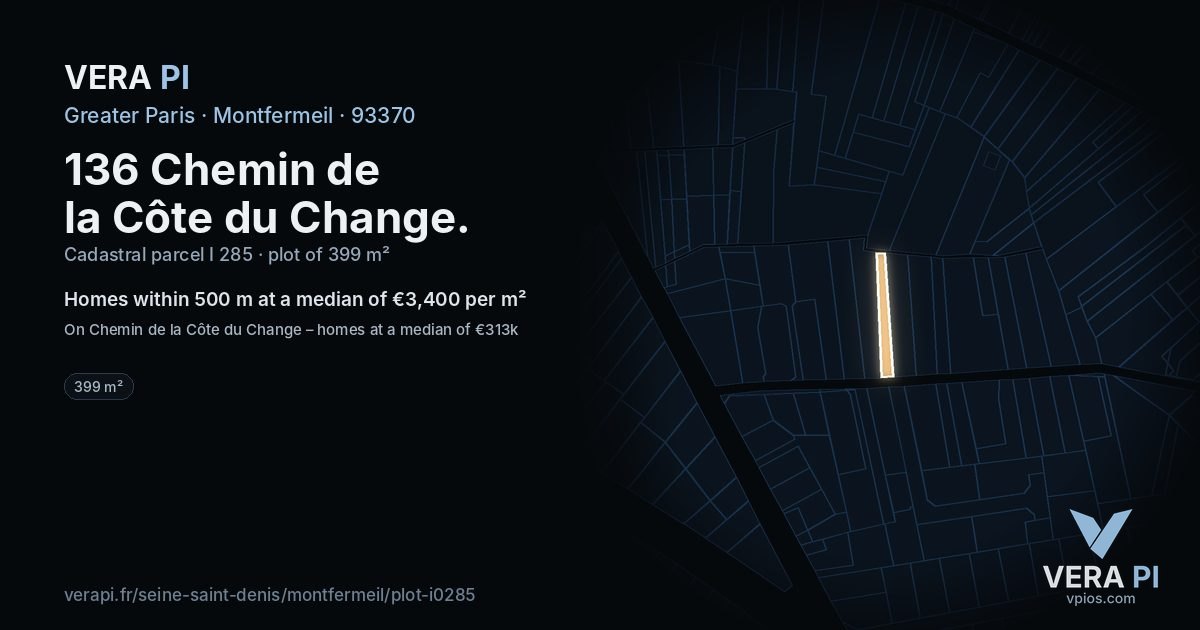 136 Chemin de la Côte du Change, Montfermeil at night – the plot lit, the parcels around coloured by the prices near them