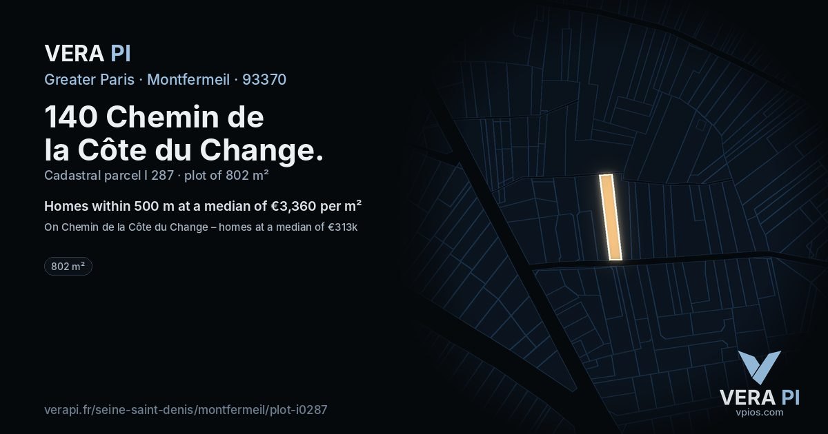 140 Chemin de la Côte du Change, Montfermeil at night – the plot lit, the parcels around coloured by the prices near them