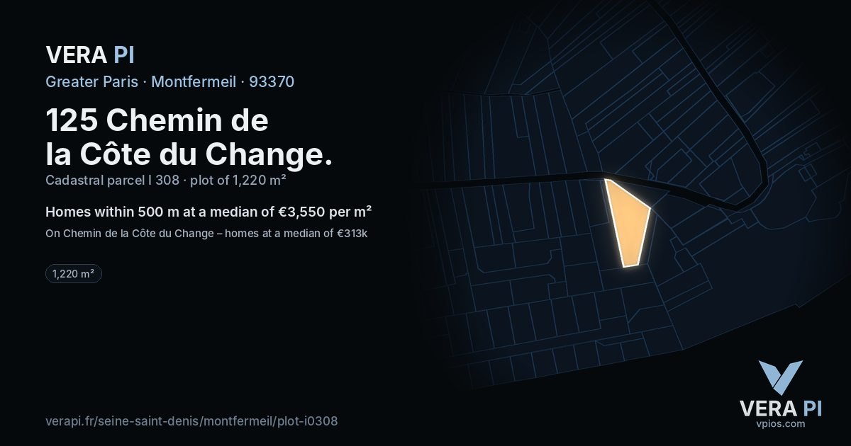 125 Chemin de la Côte du Change, Montfermeil at night – the plot lit, the parcels around coloured by the prices near them