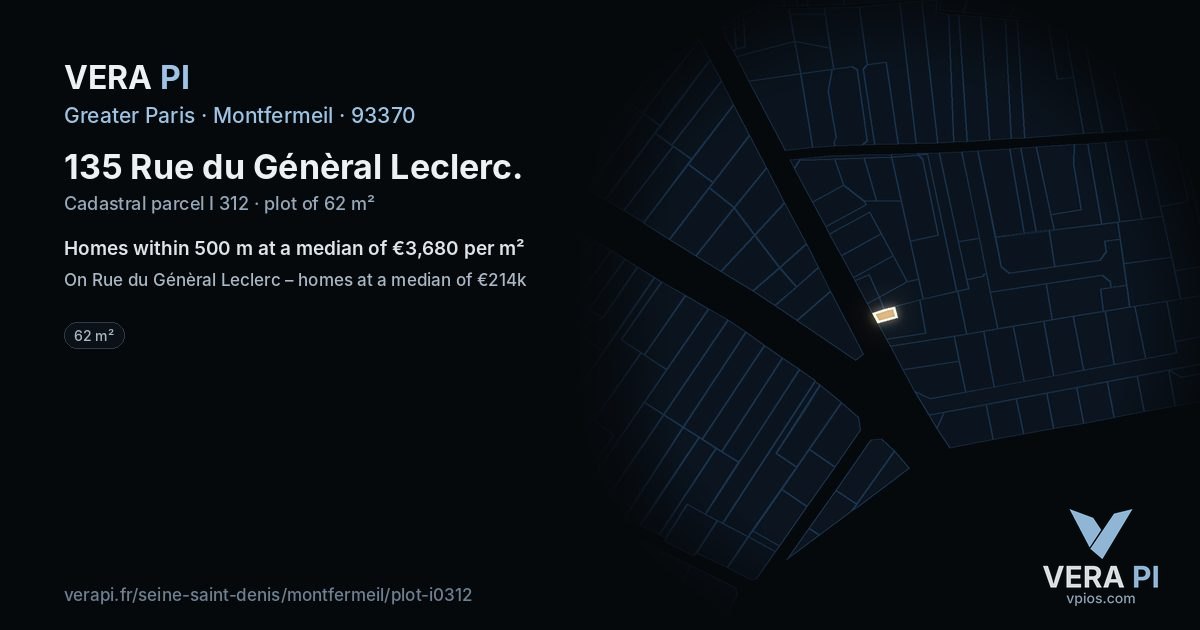 135 Rue du Génèral Leclerc, Montfermeil at night – the plot lit, the parcels around coloured by the prices near them