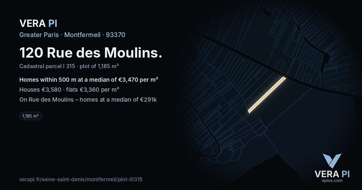 120 Rue des Moulins, Montfermeil at night – the plot lit, the parcels around coloured by the prices near them