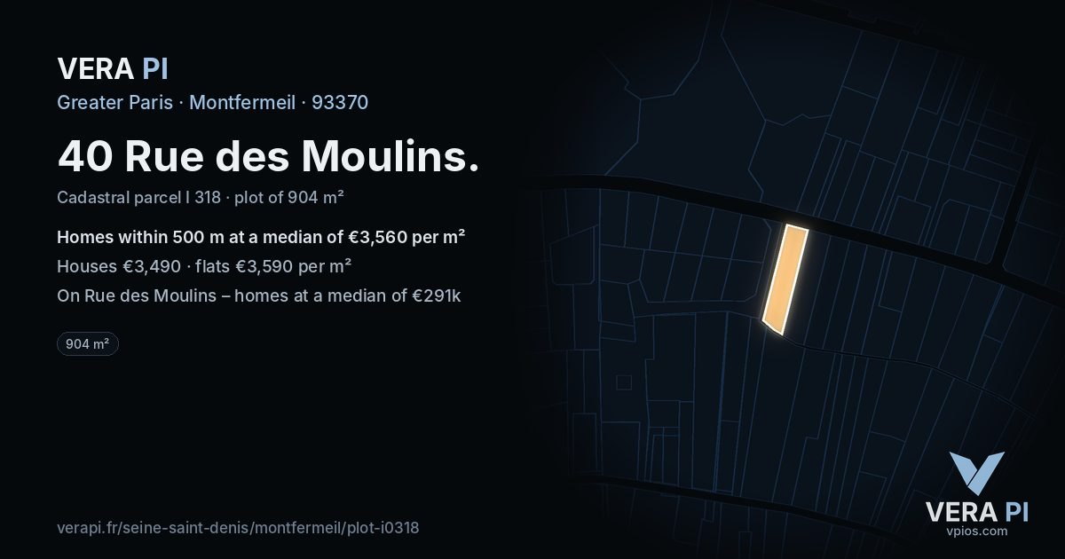 40 Rue des Moulins, Montfermeil at night – the plot lit, the parcels around coloured by the prices near them
