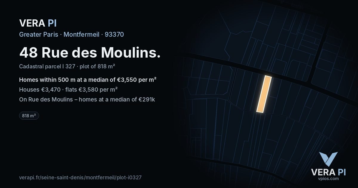 48 Rue des Moulins, Montfermeil at night – the plot lit, the parcels around coloured by the prices near them