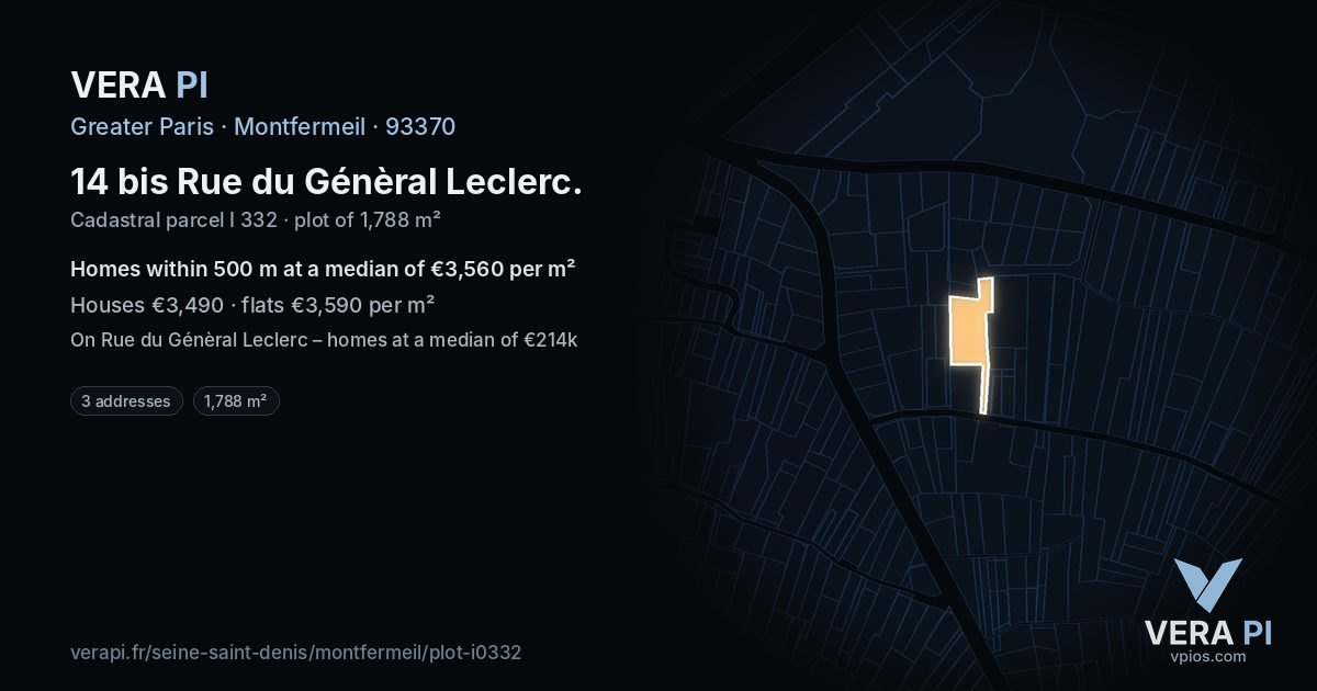 14 bis Rue du Génèral Leclerc, Montfermeil at night – the plot lit, the parcels around coloured by the prices near them