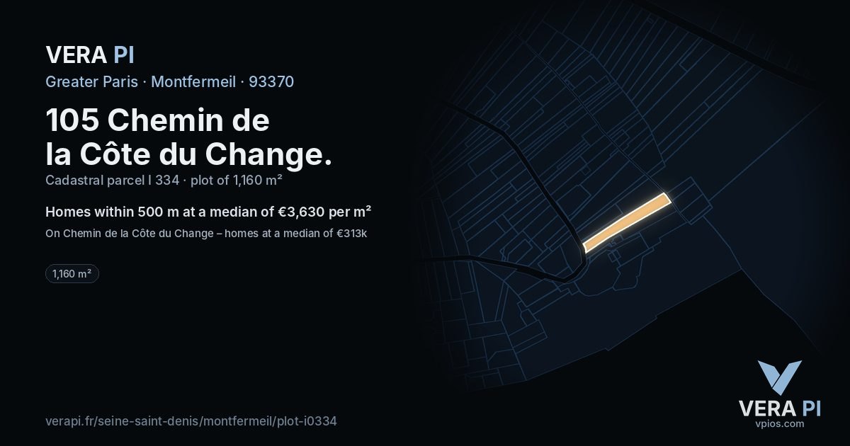 105 Chemin de la Côte du Change, Montfermeil at night – the plot lit, the parcels around coloured by the prices near them
