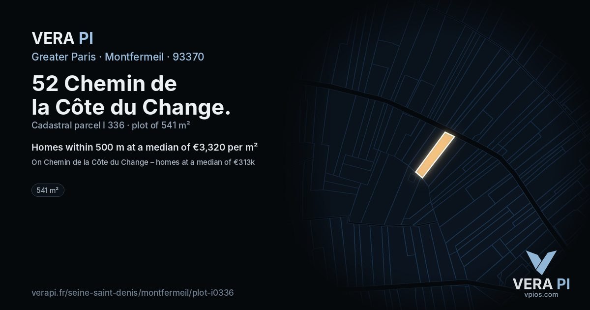 52 Chemin de la Côte du Change, Montfermeil at night – the plot lit, the parcels around coloured by the prices near them