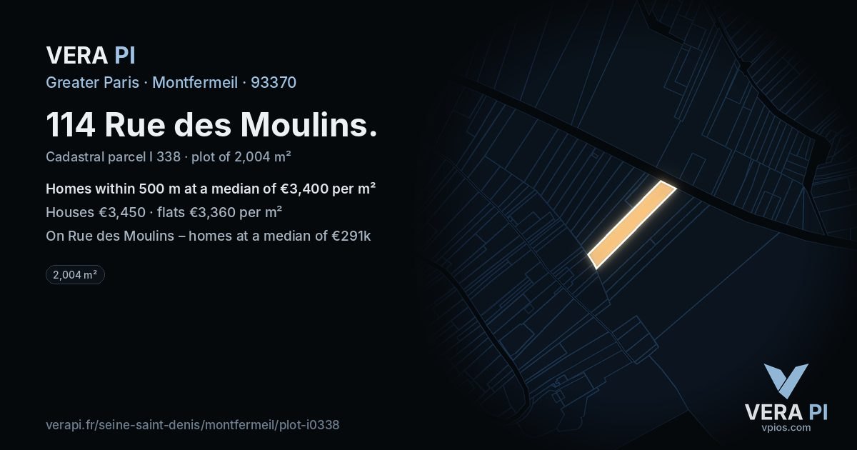 114 Rue des Moulins, Montfermeil at night – the plot lit, the parcels around coloured by the prices near them
