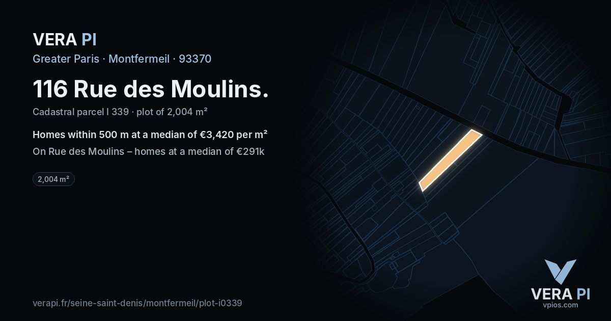 116 Rue des Moulins, Montfermeil at night – the plot lit, the parcels around coloured by the prices near them