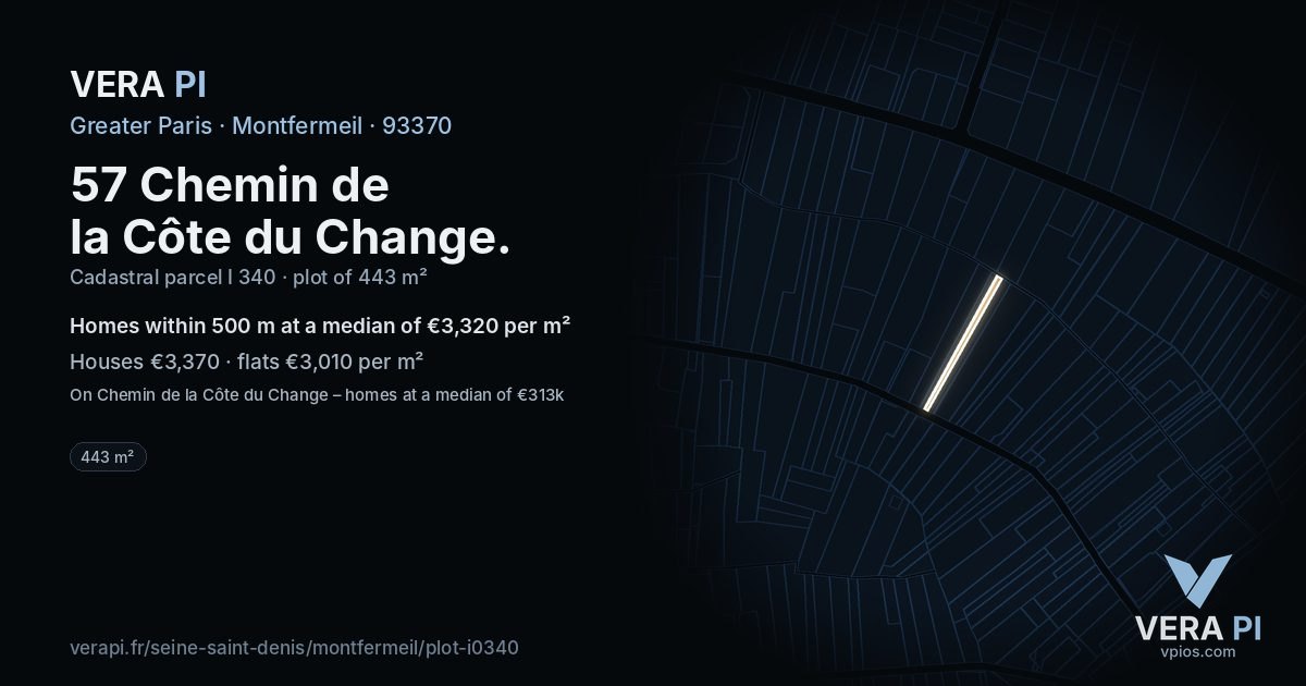 57 Chemin de la Côte du Change, Montfermeil at night – the plot lit, the parcels around coloured by the prices near them