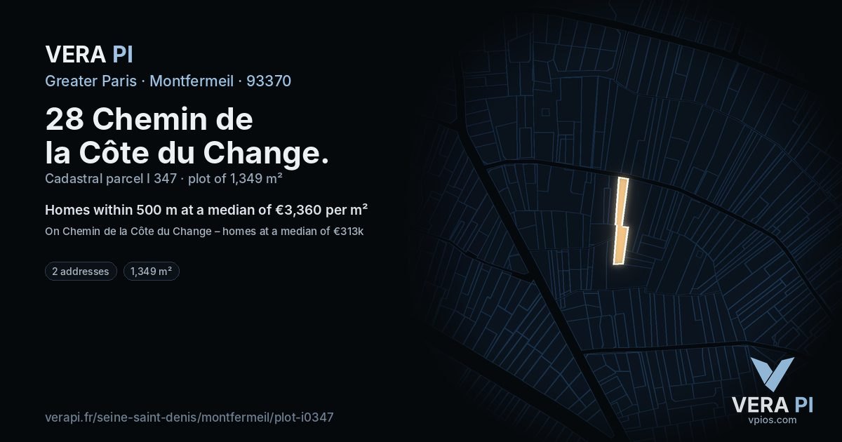 28 Chemin de la Côte du Change, Montfermeil at night – the plot lit, the parcels around coloured by the prices near them