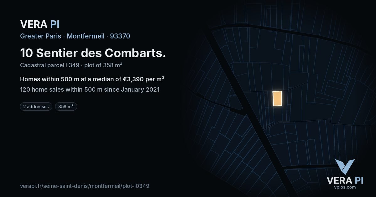 10 Sentier des Combarts, Montfermeil at night – the plot lit, the parcels around coloured by the prices near them