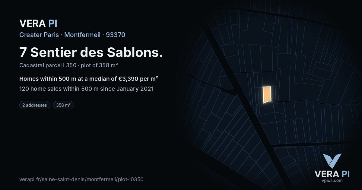7 Sentier des Sablons, Montfermeil at night – the plot lit, the parcels around coloured by the prices near them