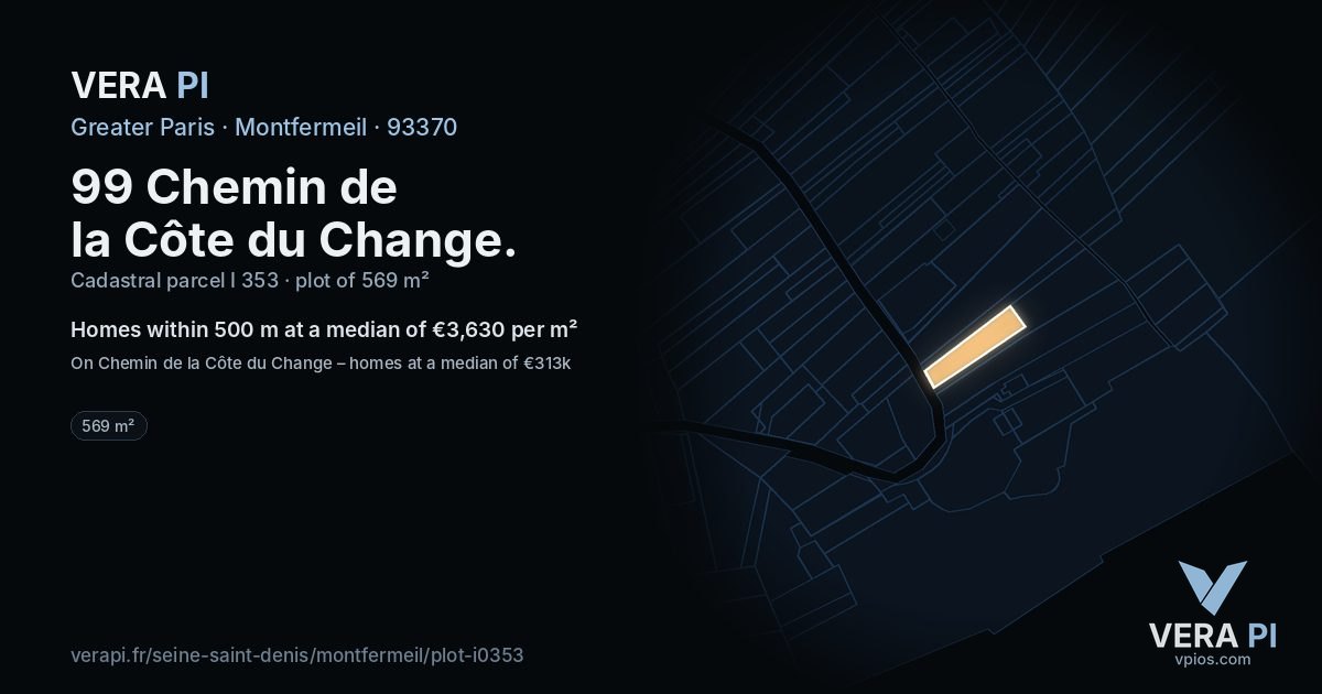 99 Chemin de la Côte du Change, Montfermeil at night – the plot lit, the parcels around coloured by the prices near them