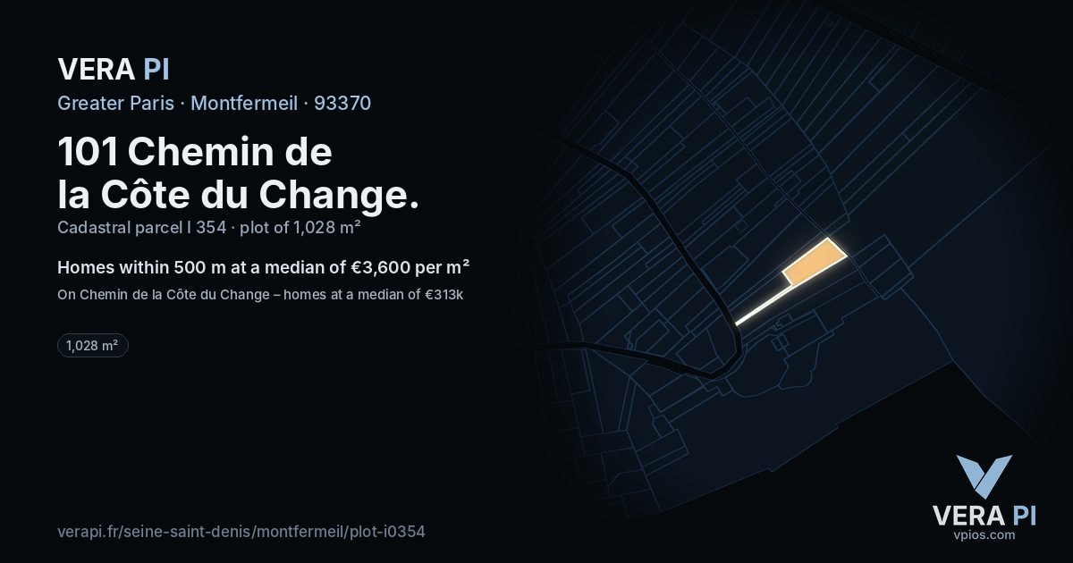101 Chemin de la Côte du Change, Montfermeil at night – the plot lit, the parcels around coloured by the prices near them
