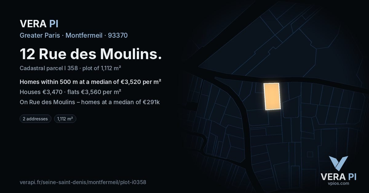 12 Rue des Moulins, Montfermeil at night – the plot lit, the parcels around coloured by the prices near them